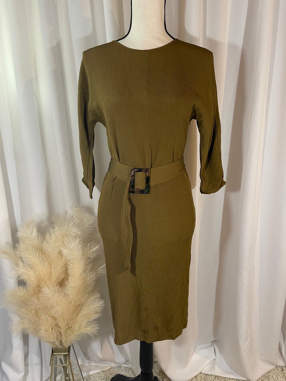 Massimo Dutti Olive Green Crinkle Midi Dress Women Size 4 Dolman Sleeve Belted